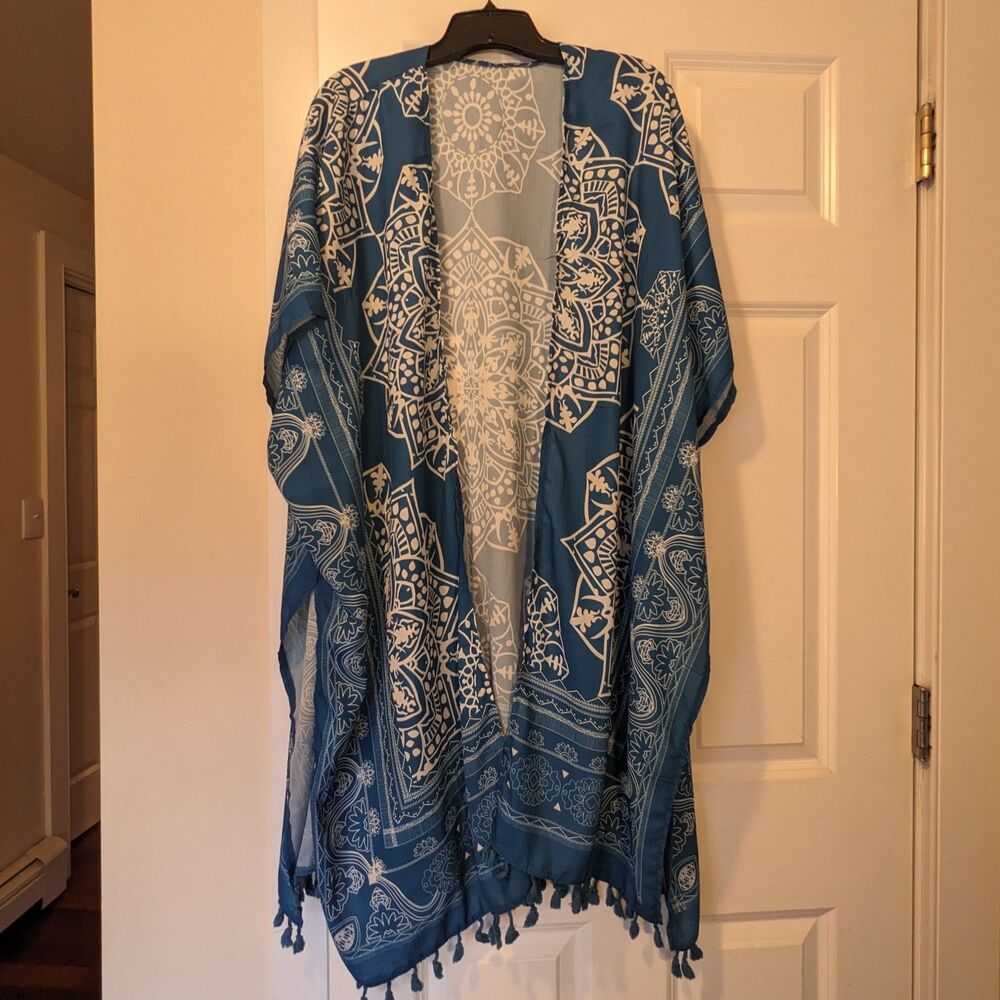 Teal Blue Tassel Kimono Swim Cover-up Boho Chic Resort Wear Vacation Cruise